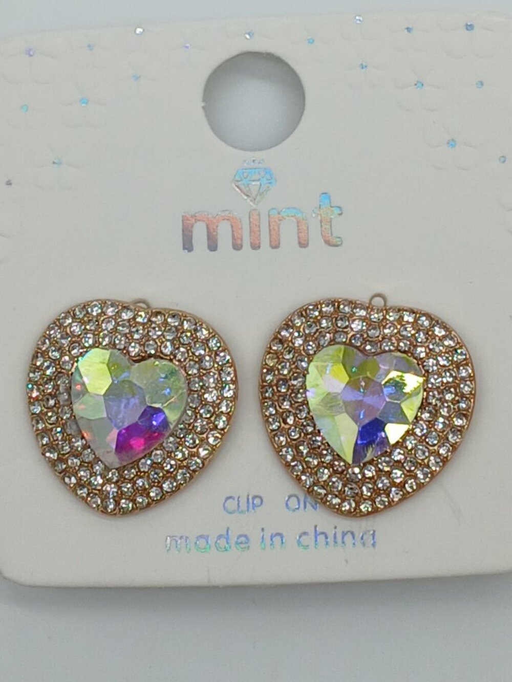 0170 Big Heart Aurora Iridescent Clip-On Earrings Rhinestones